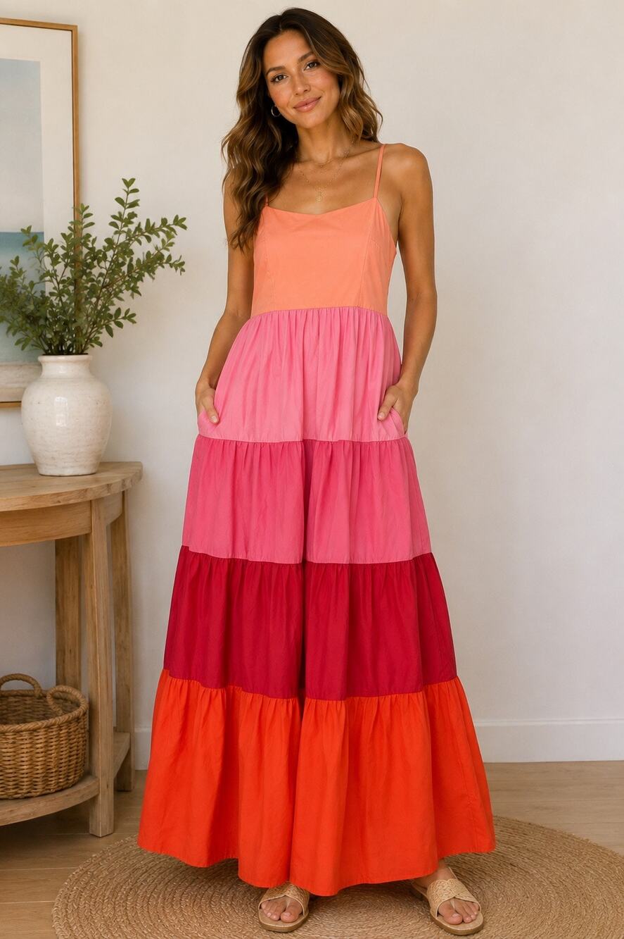 English Factory Colorblock Tiered Maxi Dress M Pink Orange Red Spaghetti Strap